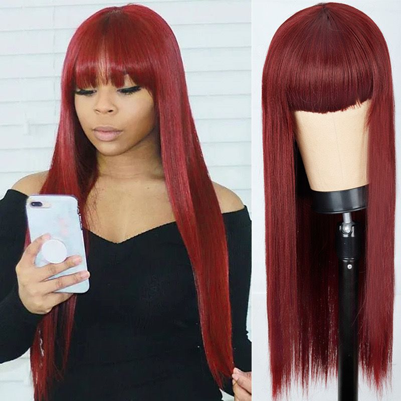 Wig for women long hair high temperature silk full headpiece European and American bangs black long straight hair