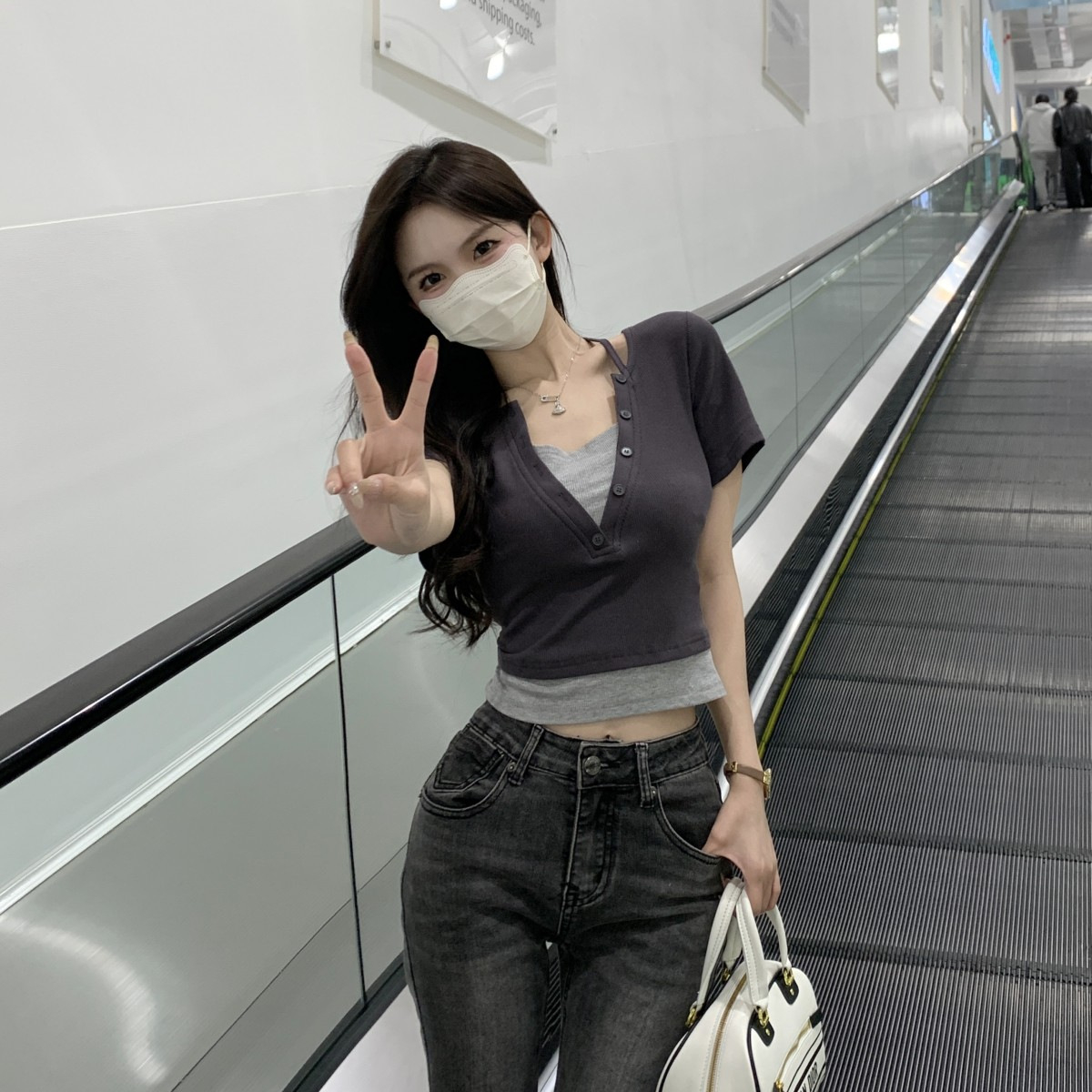 Women's Summer New V-Neck Hanging Neck T-Shirt Spliced Slim Fit Short Top