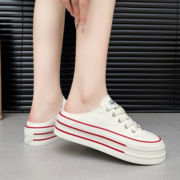 Candy-colored canvas shoes for women 2025 summer new style a single shoe with a full head preppy style thick sole simple half slipper
