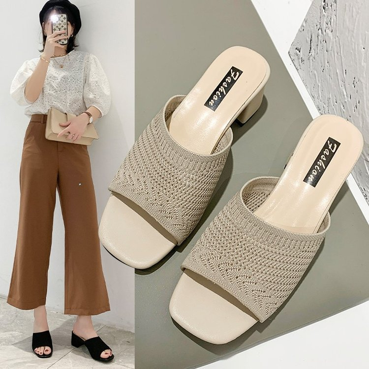 Women Block Heel Mule Breathable Mesh Knit Slip on Heeled Sandal