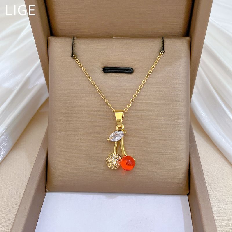 Women Titanium Steel Cherry Fruit Pendant Clavicle Necklace, Sparkling Micro‑Paved Zircon Inlaid Red Crystal Charm Necklace, Cute Sweet Fashion Neck Jewelry, Adjustable 40+5cm Chain, Versatile Daily Dating Party Accessory Gift for Ladies