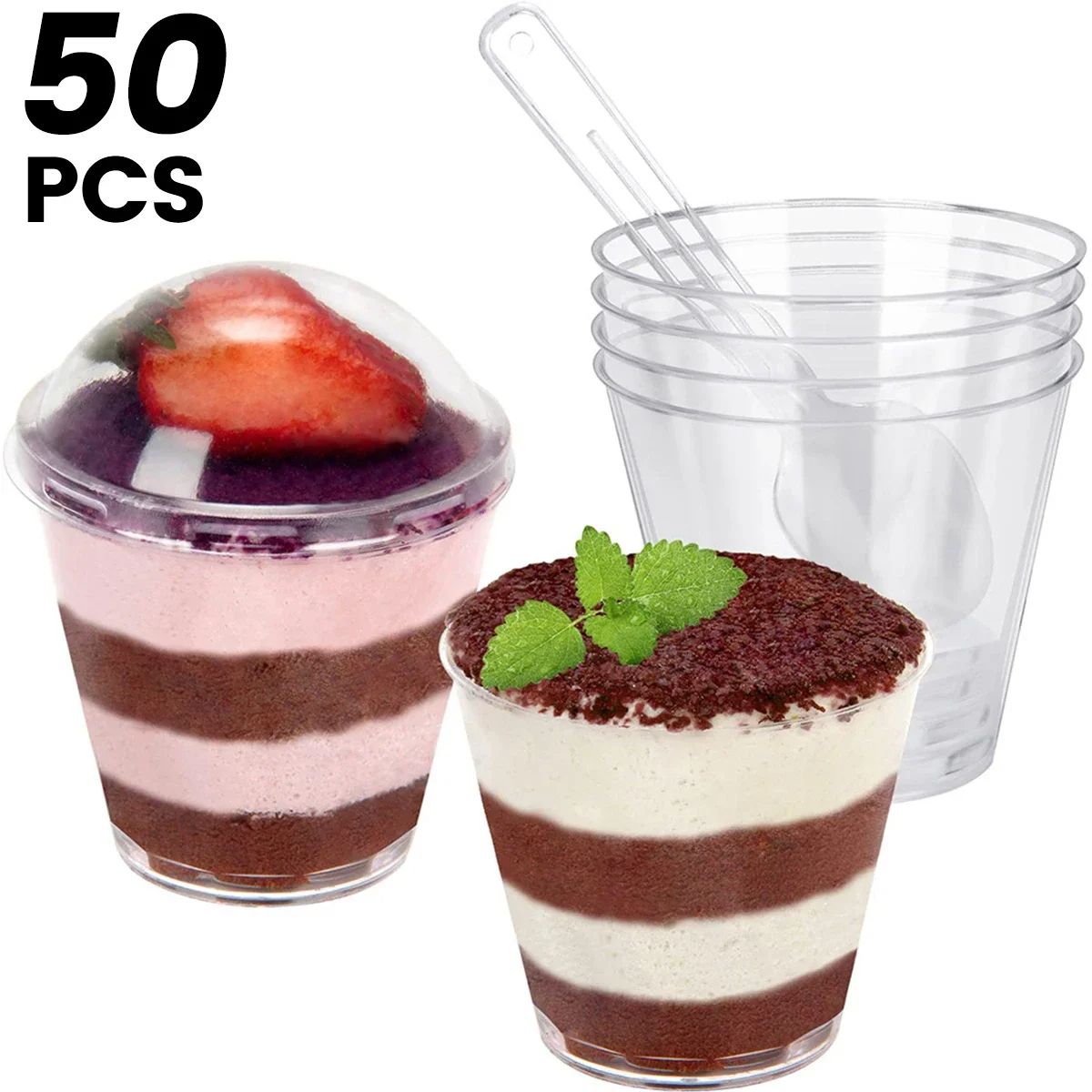 50 Pcs Dessert Cups with 50 Spoons and 50 Lids Clear 200ML Cheesecake Parfait Pots Reusable Parfait Appetizer Cup