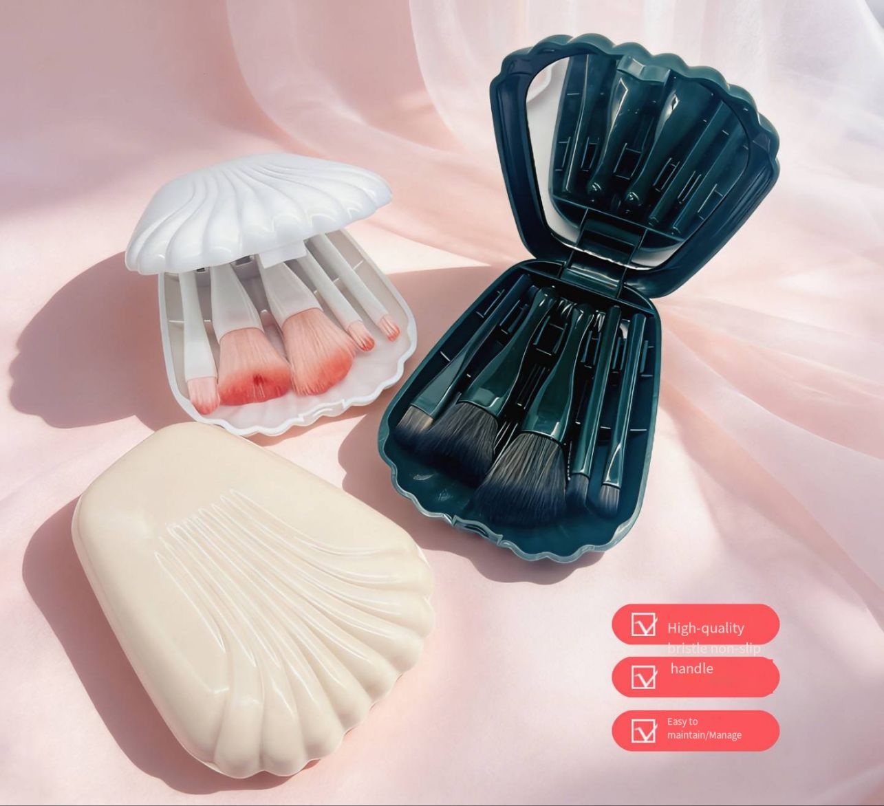 5 Pcs Mini Travel Makeup Brushes Set Portable Shell Mirror Storage Case Soft Eyeshadow Blending Cosmetic Brushes Complete Beauty Tool Kit for Makeup Beginners