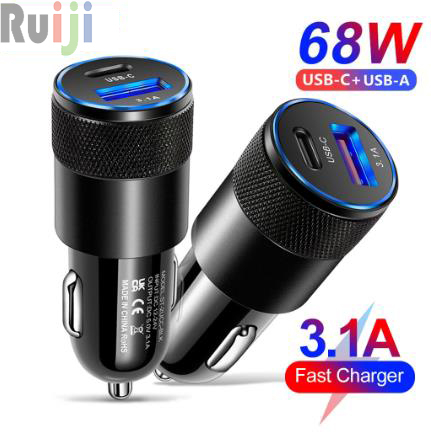 68W Ruiji Car Charger USB Type C Fast Charging Car Phone Adapter for iPhone 13 12 Xiaomi Huawei Samsung S21 S22 Fast Charging 3.0