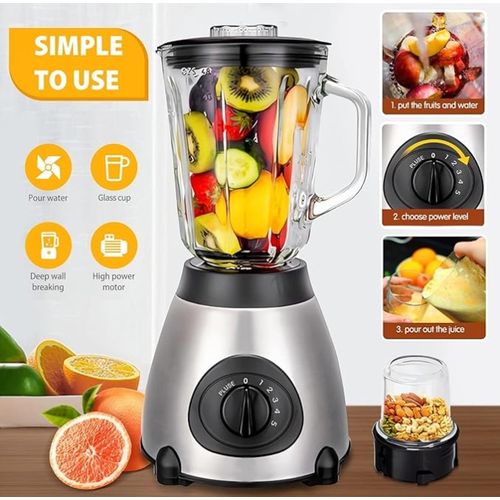 Multifunctional Blender Electric 1.5 L Glass  Mixer  5 Speed Levels - Silver
