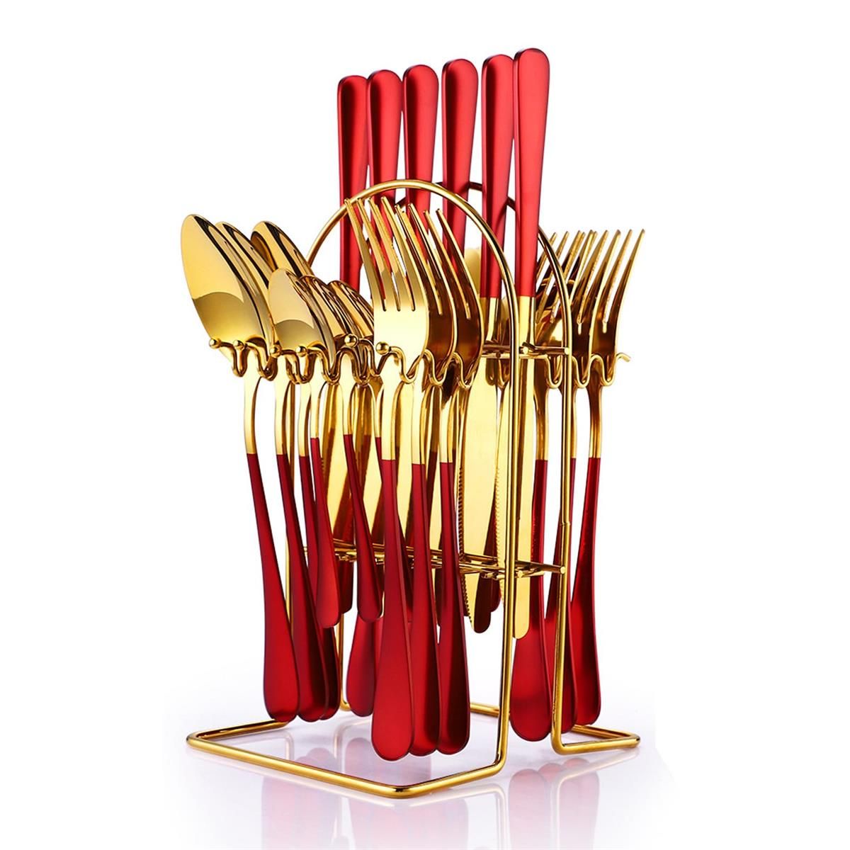 24 Pieces Silverware Set, Stainless Steel Flatware Set with Silverware Holder Spoons Forks Knives, Utensils Set Service for 6,Gold Mirror Polished and Matte Painted