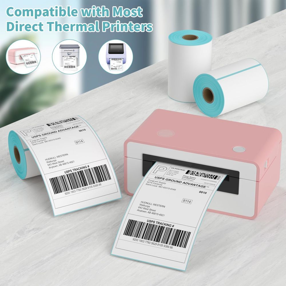 2 Rolls 4x6 Direct Thermal Printer Labels 1000 Shipping Labels Compatible with Zebra, Rollo Label Printer, Peforated Postage Thermal Labels, Permanent Adhesive, 500 Labels/Roll