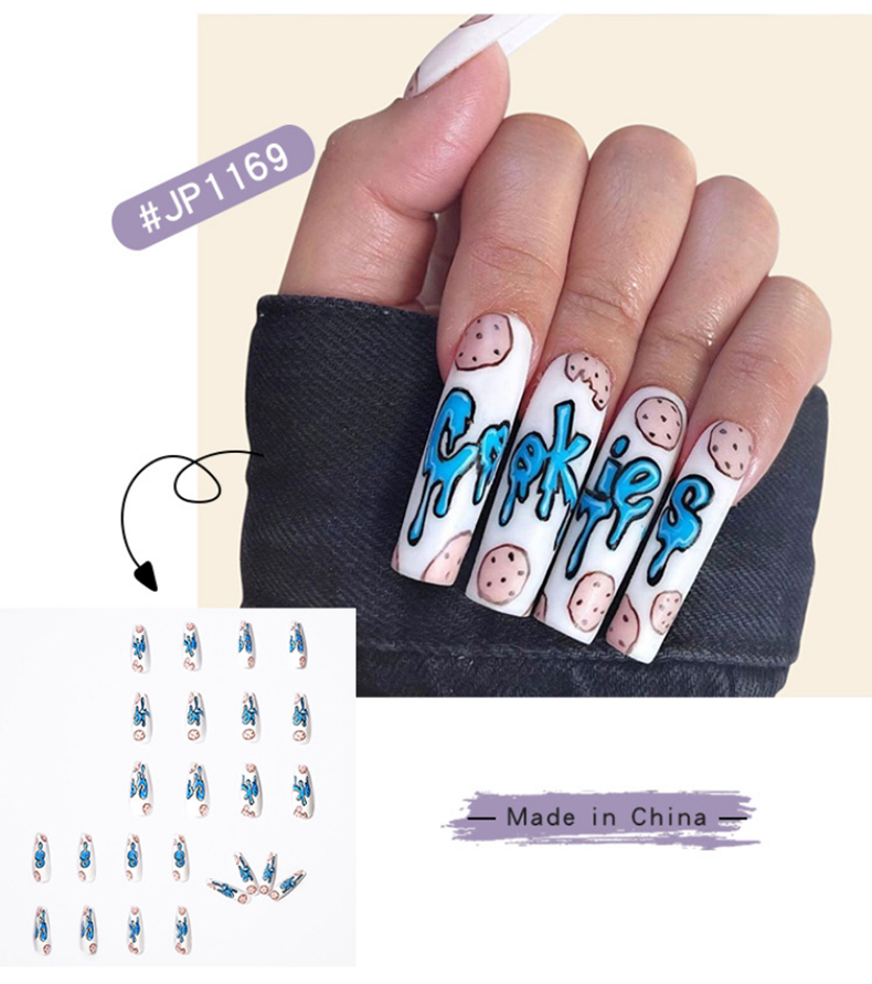 JP1169 Extra Long Coffin Press on Nails, 24Pcs Glossy Ballerina Acrylic Nails, Cookies Graphic False Nails with Design Full Cover Fake Nails for Women & Girls