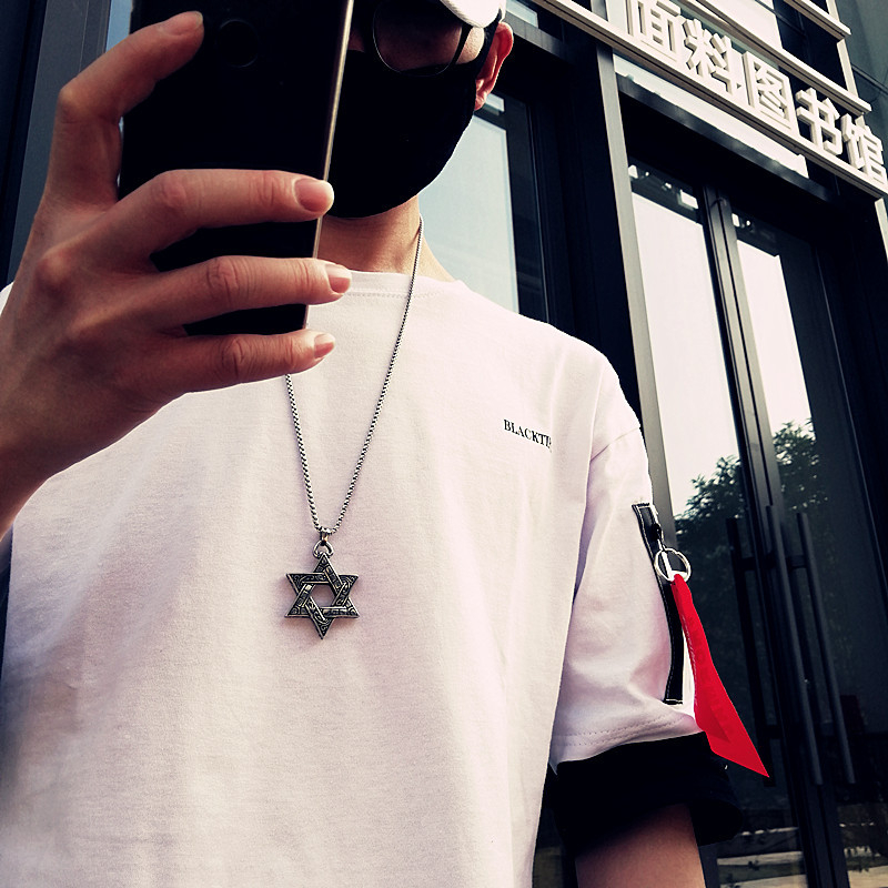 WELLHOME Kpop Star of David Pendant Israel Chain Necklaces for Men Women Judaica Silver Color Hip Hop Long Chain Jewish Jewelry Boys Gift