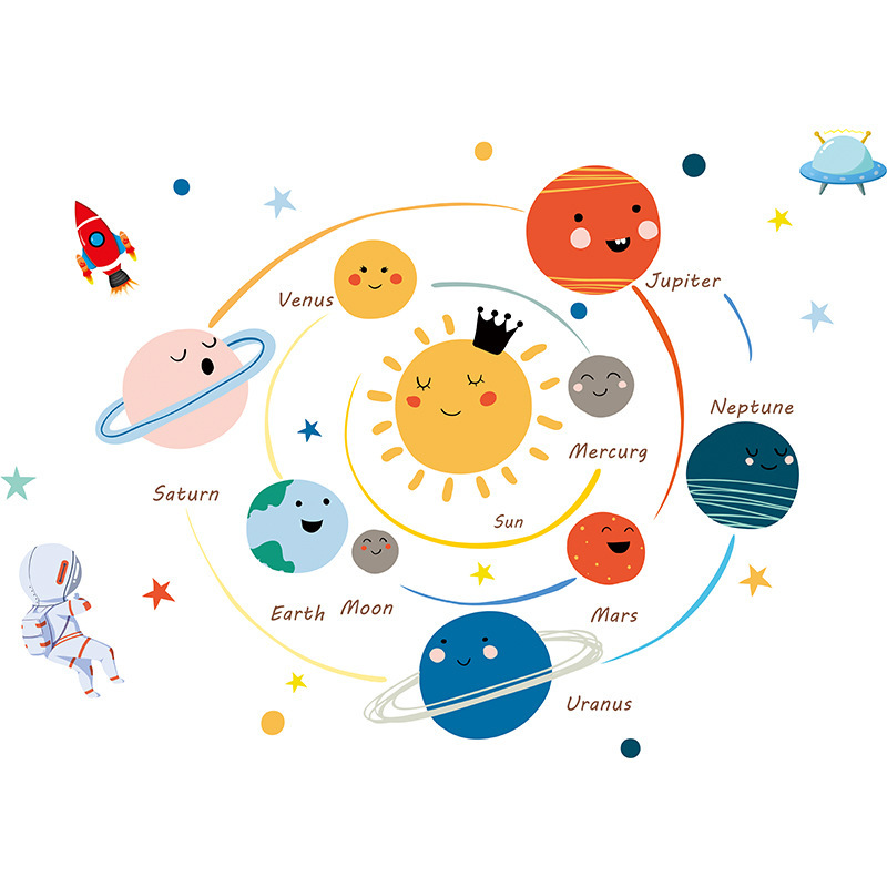 Solar System Wall Stickers, Space Wall Decals Kids Room Décor, Cute Cartoon Bedroom Décor for Boys and Girls