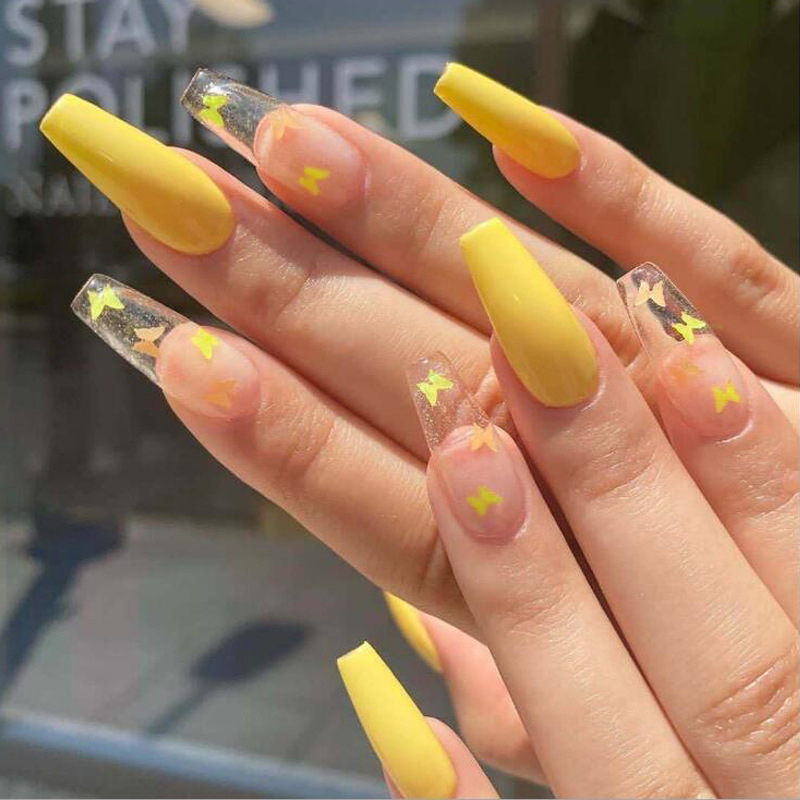 24Pcs Long Coffin False Nails Glitter Butterfly Designs Fake Nails Artificial Full Cover Nail Art Tips Press on Nails Manicure Tool