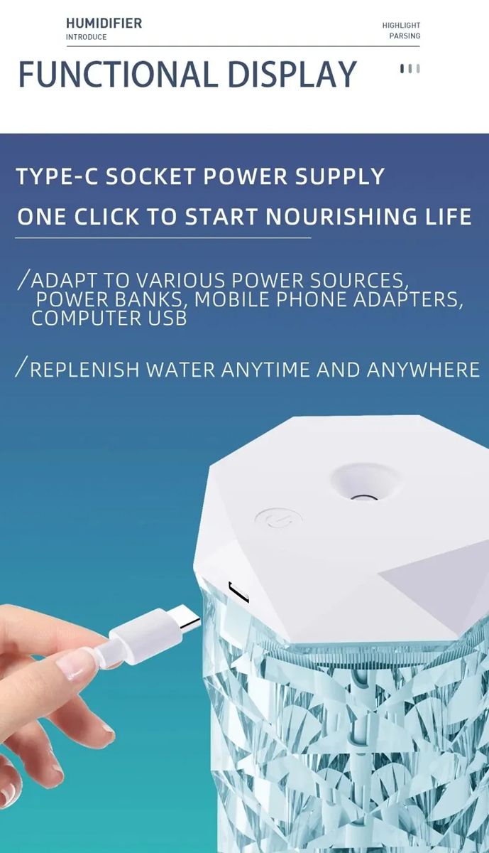 Crystal Lamp Humidifier with Colorful Atmosphere Light Silent Ultrasonic Humidifier 2 Adjustable Mist Modes for Home Bedroom