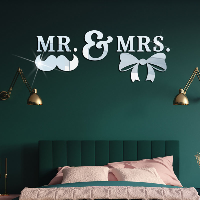 JM805 Mr & Mrs Letters Bow Acrylic Mirror Sticker 3D Self-Adhesive Diy Mirror Wall Sticker