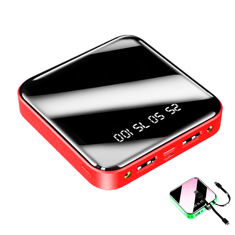 Multi Functional Portable Mobile Power Supply, Power Bank, High Speed Charging ( Square, full mirror screen, Flashlight + Dual USB, Integrated compression type high capacity battery pack) (Red / Blue)
