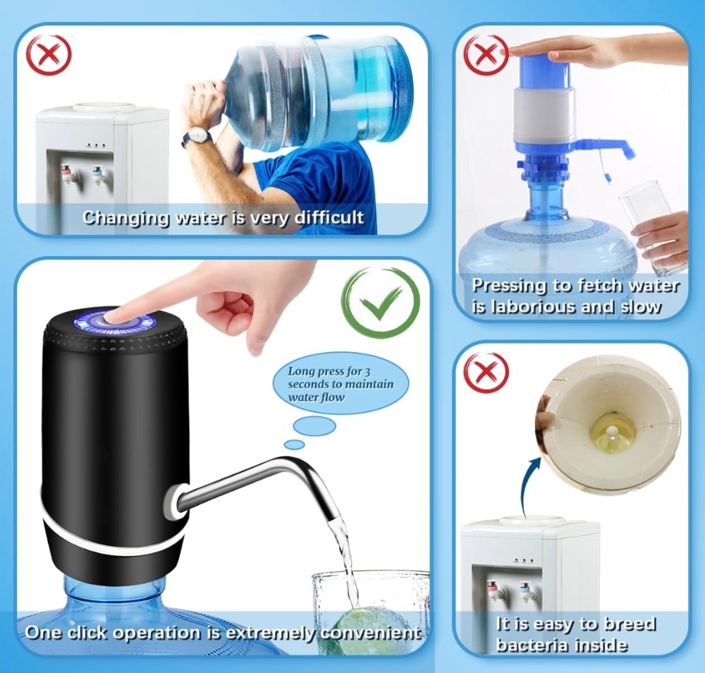 Water Dispenser for 5 Gallon Bottle, Electric Water Pump for 5 Gallon Jug with Switch and USB Charging, Portable Automatic Water Jug Dispenser for Camping, Travel, Home, Kitchen, Office