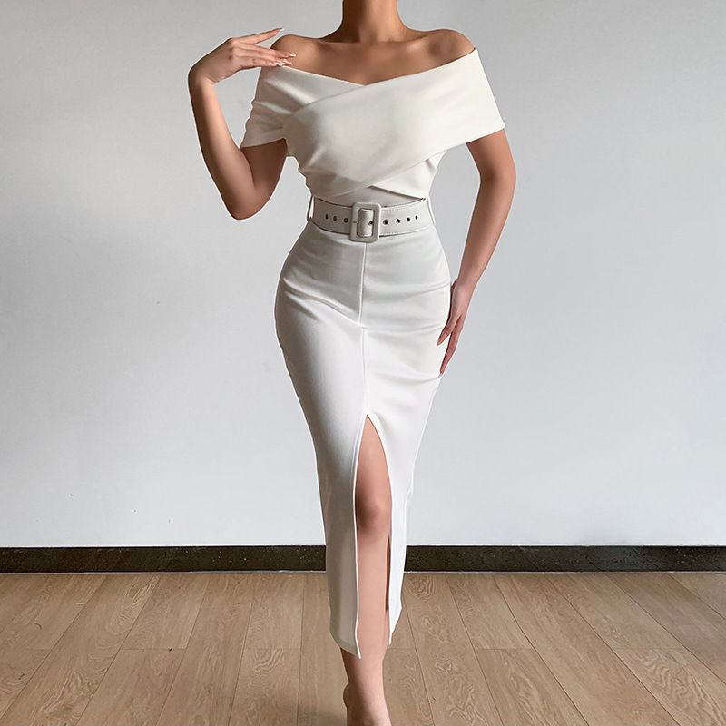 2024 spring and summer new elegant temperament commuting simple light mature Europe and the United States new off-the-shoulder belt slit skirt