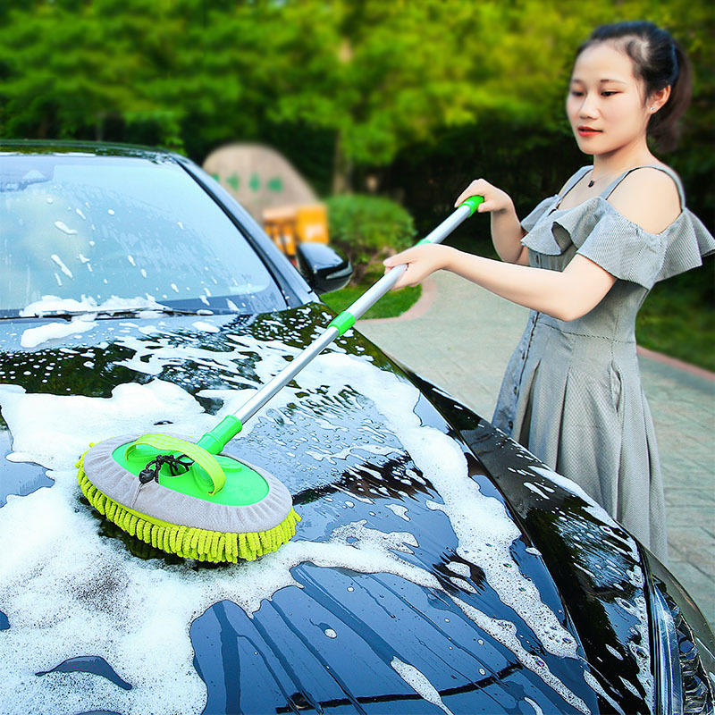 Microfiber Car Wash Brush Mop Kit Mitt Sponge with Long Handle Car Cleaning Supplies Kit Duster Washing Car Tools Accessories, 1 Chenille Scratch-Free Replacement Head Aluminum Alloy Pole