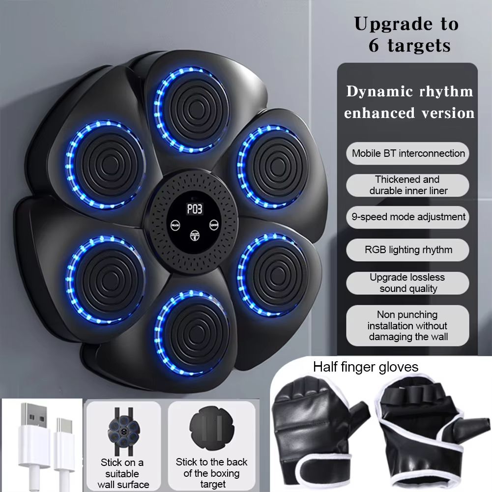 Music Boxing Machine Puncher Wall Mounted Boxing Fitness Training Punching Exercise Equipment RGB Light Indoor Sports Equipment with Gloves for Home Workout