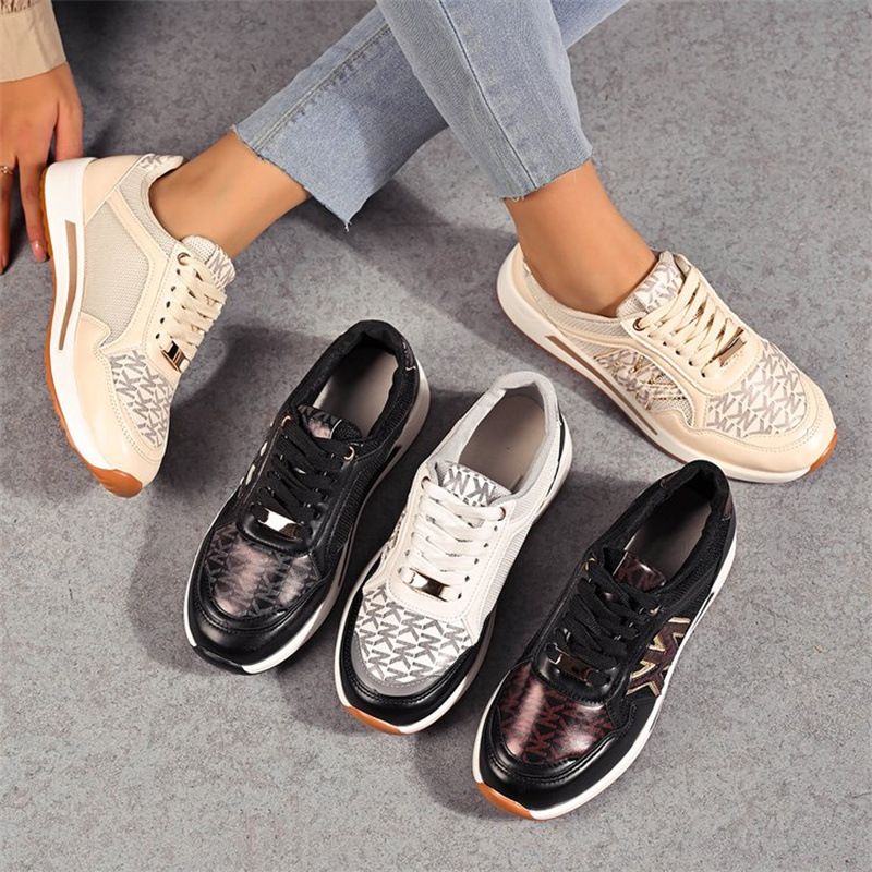 Europe and the United States large size thick sole women's shoes 2024 autumn new printed round head shallow mouth lace-up casual sports shoes m-1