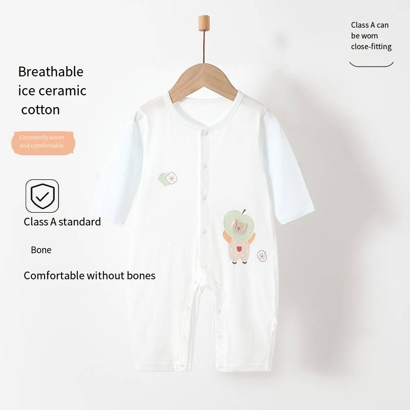 Baby Summer Ice Ceramic Cotton Romper, Long Sleeve No Bone Stitching Jumpsuit, Breathable Thin Infant Onesies with Snap Closure, 66-90cm