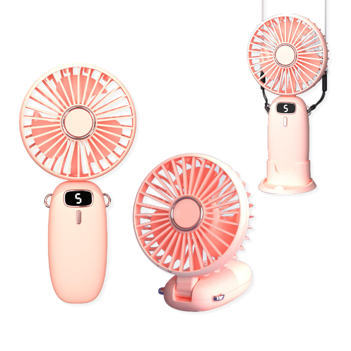 T14 Portable Handheld Fan, USB Rechargeable Foldable Fan, Personal 5 Speed Powerful Small Desk, 90 Foldable Fan with Base, 3 in 1 Hand Travel Fan with Digital Display for Commute, Office, Pink