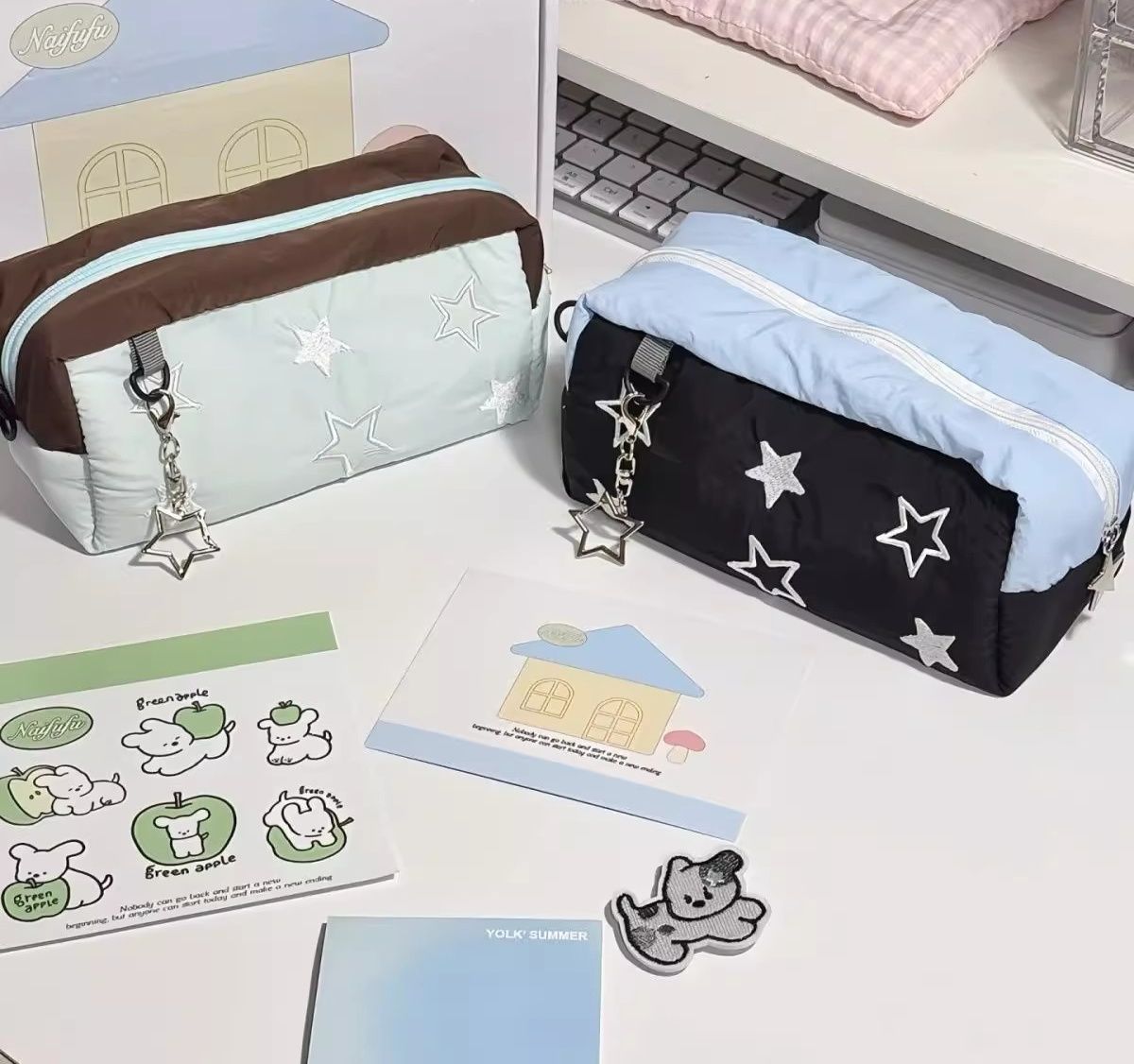 Cute Star Puppy Pencil Case Korean INS Style Embroidered Pen Bag for Students Stationery Storage Bag

