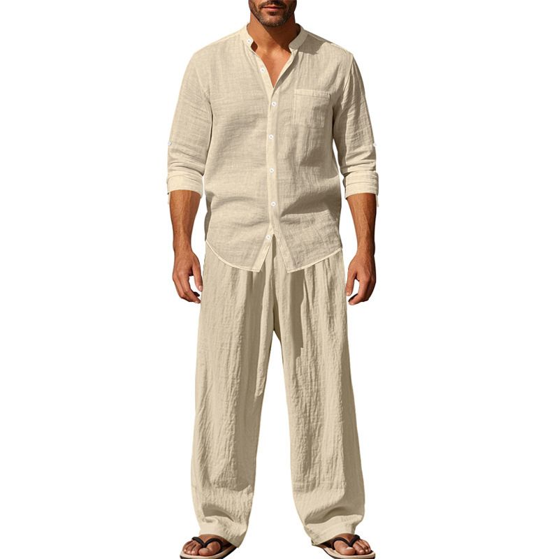 Men's Clothing Sets Two-Piece Outfits Flax Men's Casual Loose Breathable Long Sleeve Long Pants Shirt Beach Set