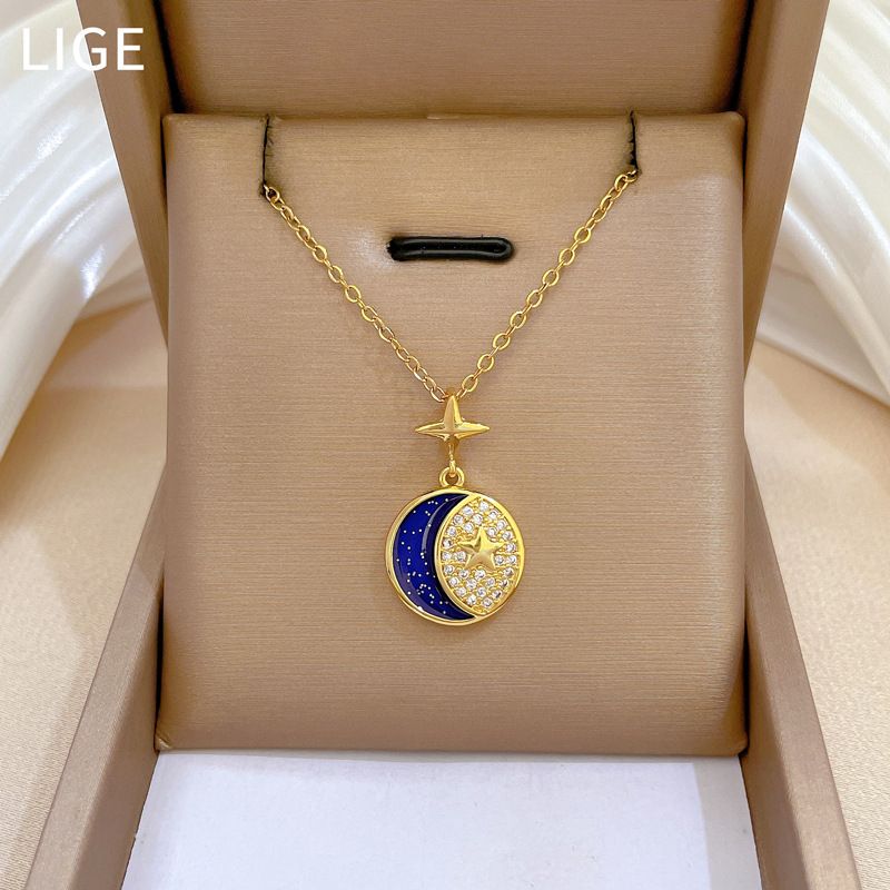 Luxury Star & Moon Pendant Necklace for Women, Stainless Steel Adjustable Chain, Gold‑Plated Blue Enamel Micro‑Paved Zircon Round Charm Clavicle Chain, Delicate Sparkling Celestial Fashion Jewelry Gift for Daily Dating Party Banquet Wear