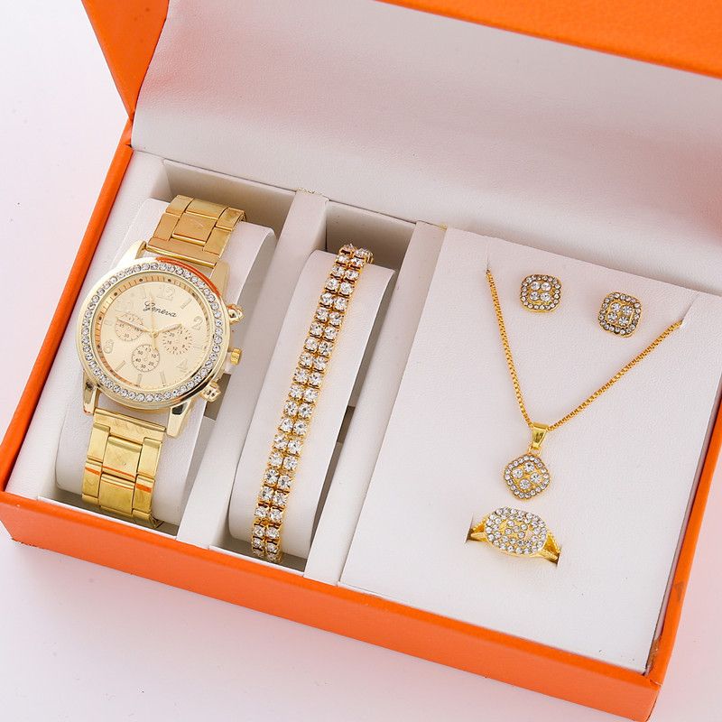 5pcs/set steel band watch three-eye quartz watch set (orange box)