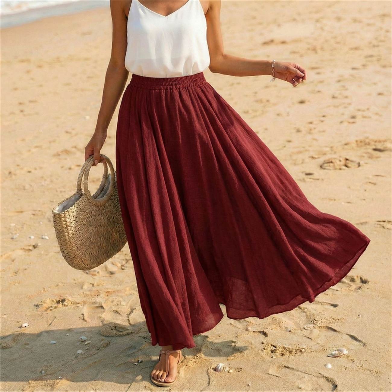 2026 Summer New Arrival Women’s Casual Holiday Solid Color Skirt, Multi-Color Linen Cotton A-Line Maxi Skirt, Breathable Comfortable Beach Long Skirt, Loose Fit Daily Vacation Half Skirt for Cross-Border Sale