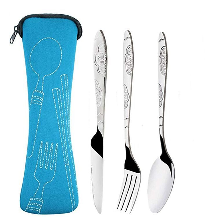 3Pcs/Set Travel Camping Cutlery Set Portable Tableware Stainless Steel Spoon Fork Steak Knife with Storage Case
