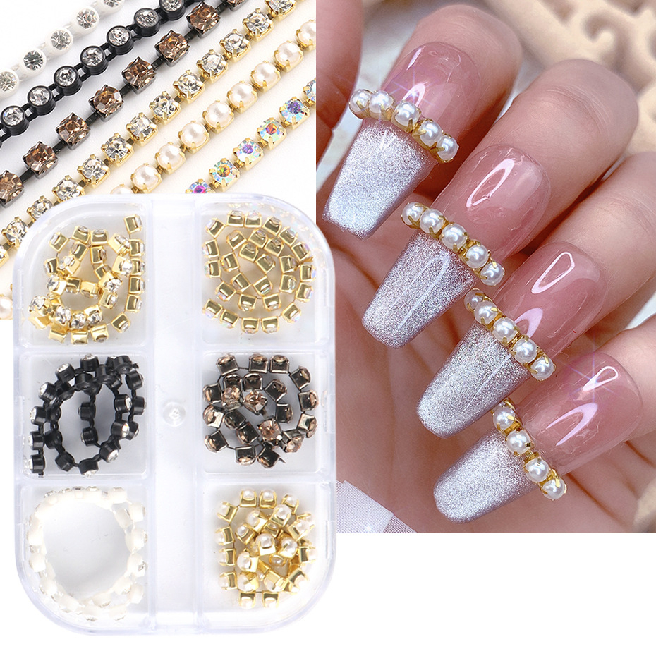Nail Charms Jewelry for Acrylic Nails 6 Grids Pearl Claw Chain Nail Rhinestone 3D Metal Gold Silver AB Diamond Jewelry DIY Charm Nail Art Decorations Accessory