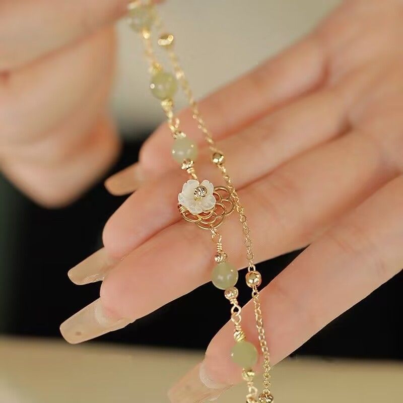 M352 Chinese Style Vintage Double Layers Bracelet for Women Butterfly Flower Charm Pendant Bamboo Shape Jade Magnet Bracelet