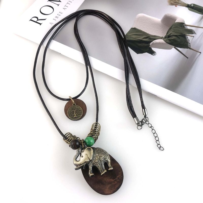 Necklace Cotton and linen wooden pendant long necklace, three-dimensional elephant pendant necklace free shipping