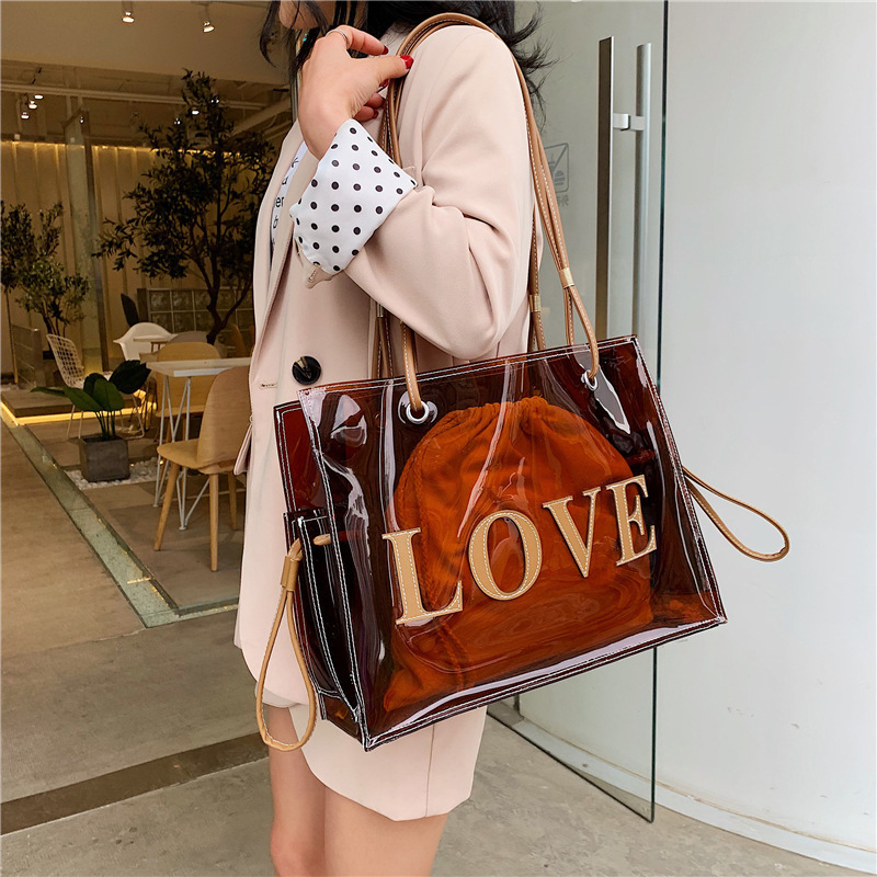 MT1227# Big Bags Female Brown Transparent Women Jelly Bag PVC Plastic Shoulder Shopping Handbag
