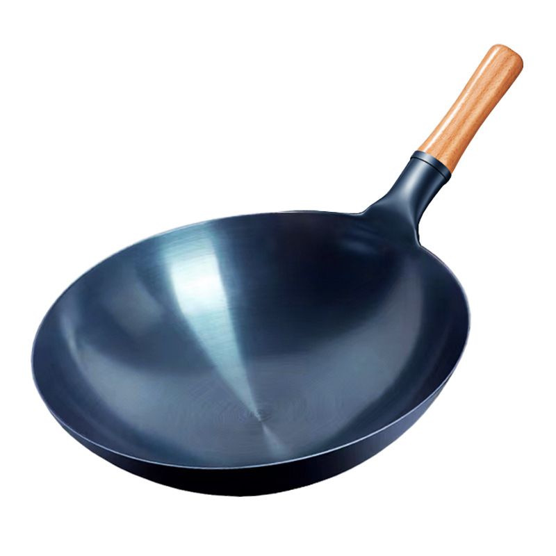Old-fashioned rivet frying pan, high-quality iron, healthy, no coating, iron pot for household cooking, wooden handle, round bottom, traditional physical non-stick pan, suitable for stir-frying with gas stove