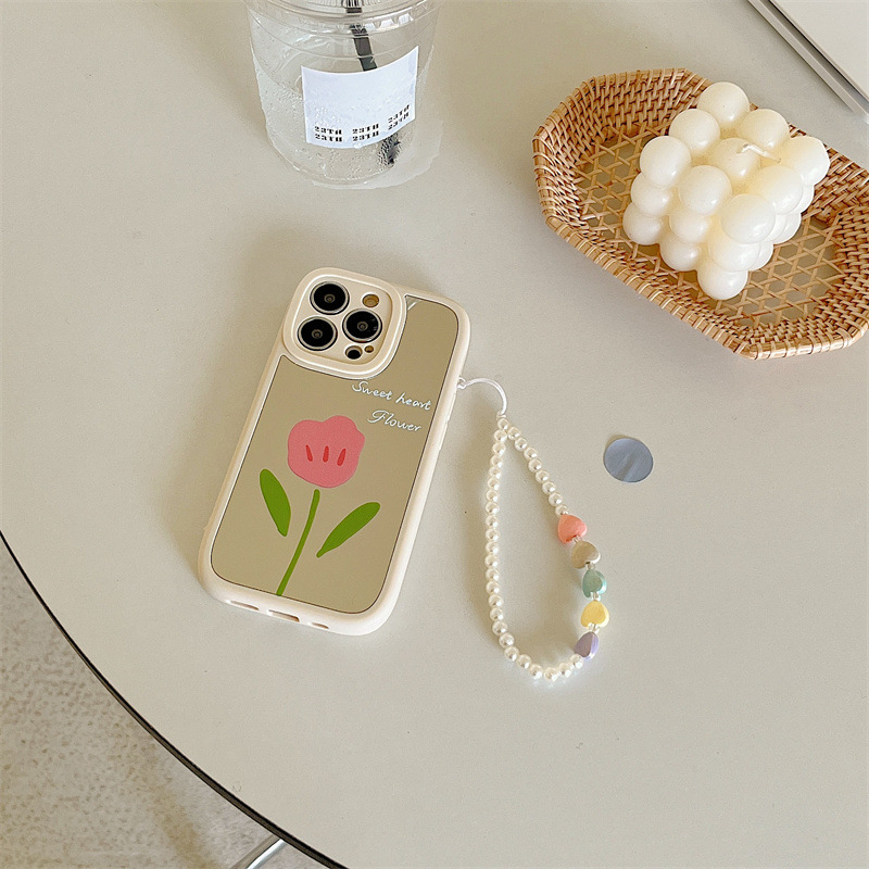Simple Mirror Flower Pattern Suitable for iPhone 13 Pro Max with Hanging Chain Mobile Phone Shell XS/XR Korean Style 8P/12 Female