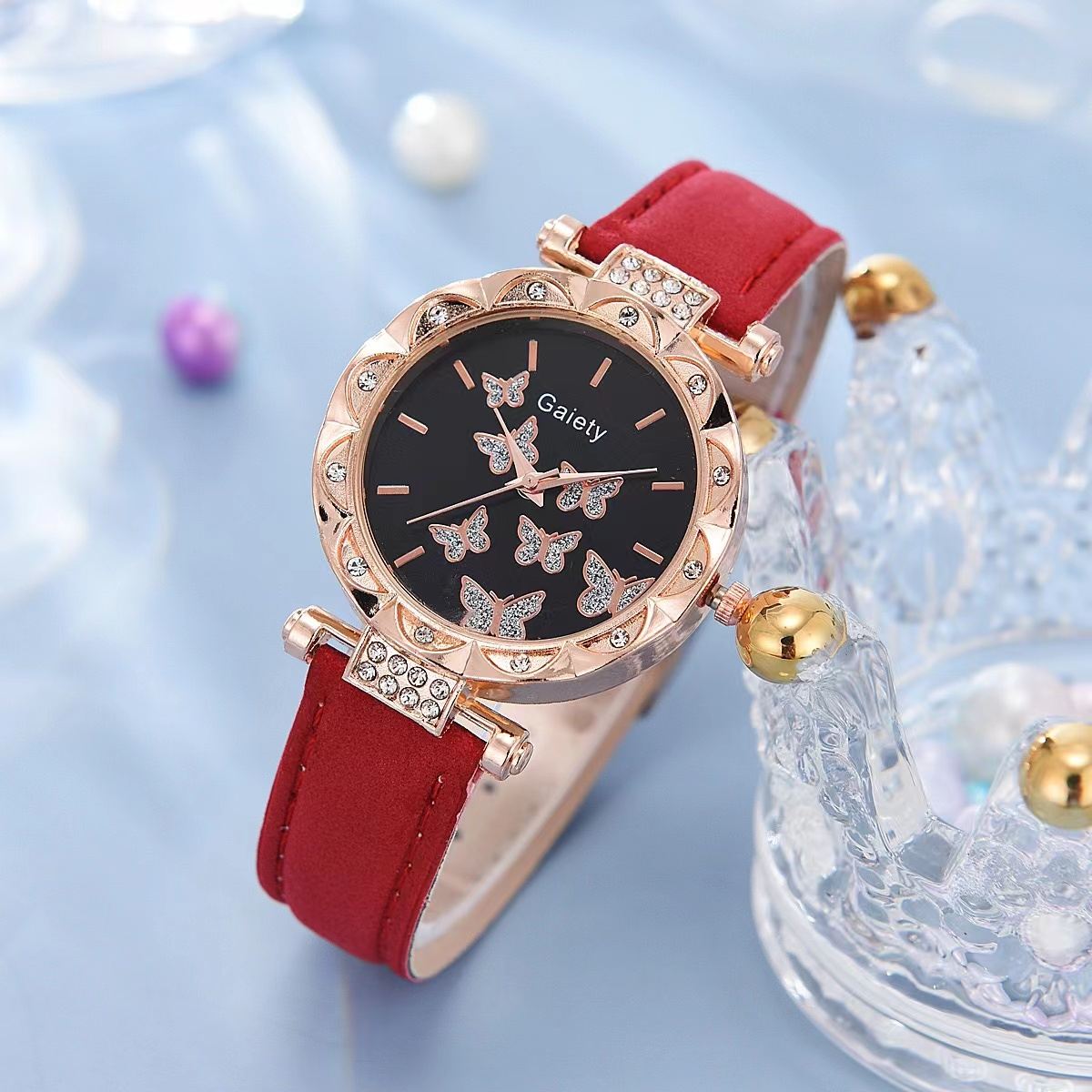 6pcs Luxury Watch Women Ring Necklace Earrings Bracelet Set Watches Butterfly Leather Strap Ladies Quartz WristWatch No Box1Pcs Red Watch