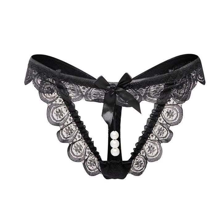 9651 Women Sexy Panties Y-Back G-String with Pearl and Bow Decor One Size