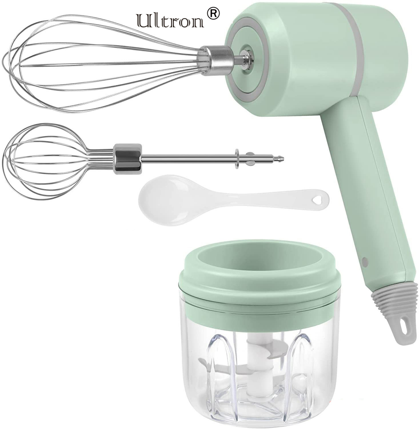 Ultron Cordless Hand Mixer Electric with the Function of Chopper, 3-in-1 Speed Change Hand Mixer for Kitchen Baking and Baby Food Etc, with 304 Stainless Steel Egg Beater, BPA-free Food Chopper