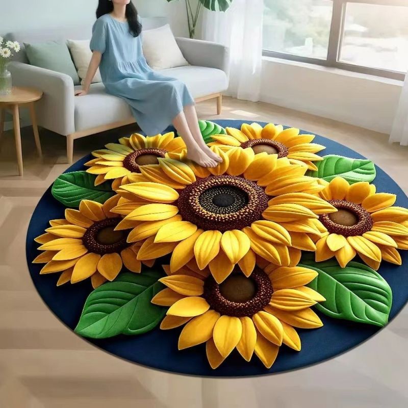 3D sunflower round crystal velvet floor mat, sofa, coffee table, living room decoration mat, bedroom bedside carpet, dressing room carpet