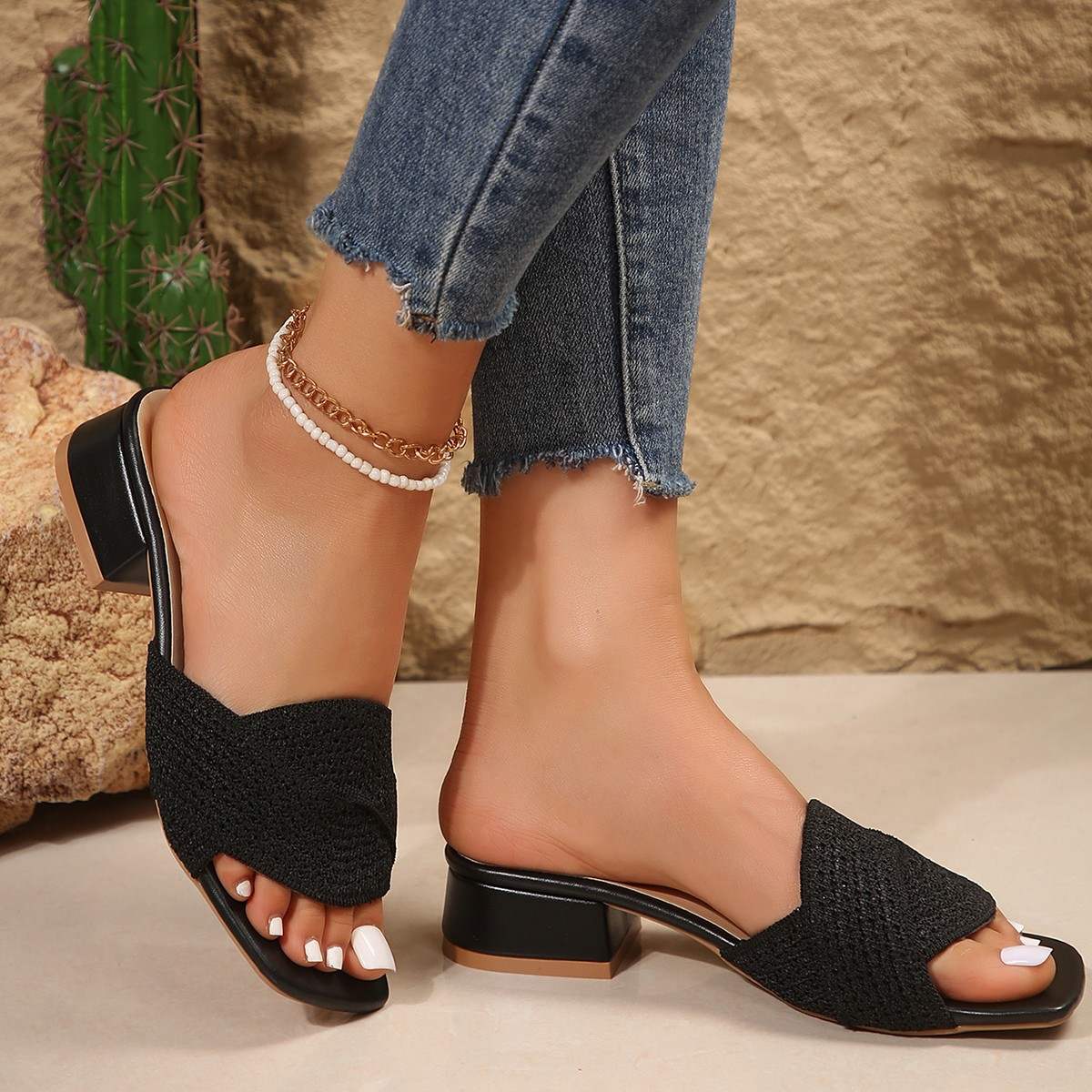 2025 Summer New Cross-Strap Wedge Sandals Women's Knitted Fabric Slide Mule Large Size Fashion