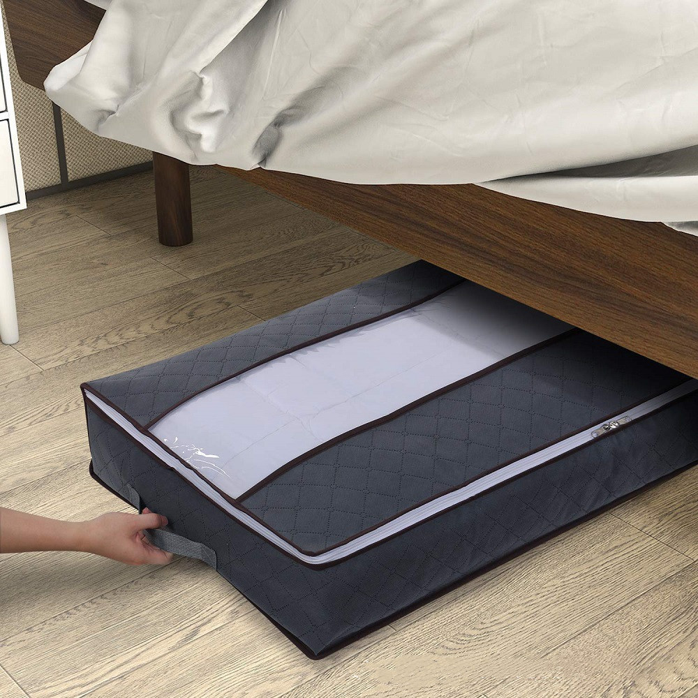 Large Capacity Under Bed Storage Bag, Foldable Underbed Storage with Transparent Windows Strong Zippers Reinforced Handle and Thick Fabric for Blanket, Comforter, Sweater 90L