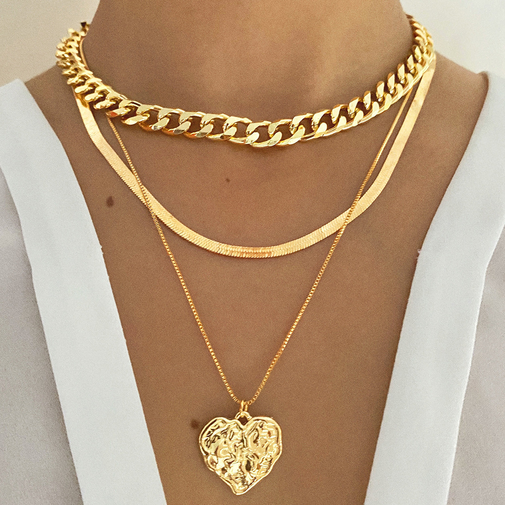 HS1034 Women's Vintage Multi-Layer Thick Chain Necklace Alloy Love Pendant Necklace