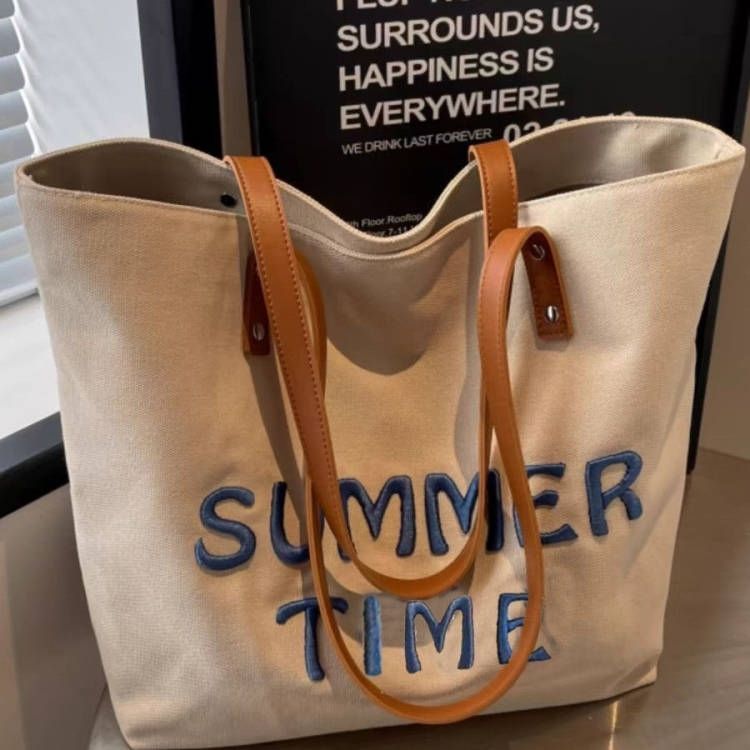 New Embroidered Letter Canvas Tote Bag, Large Capacity Daily Commute Shoulder Bag, Casual All-Match School Bag For Students Daily Use

