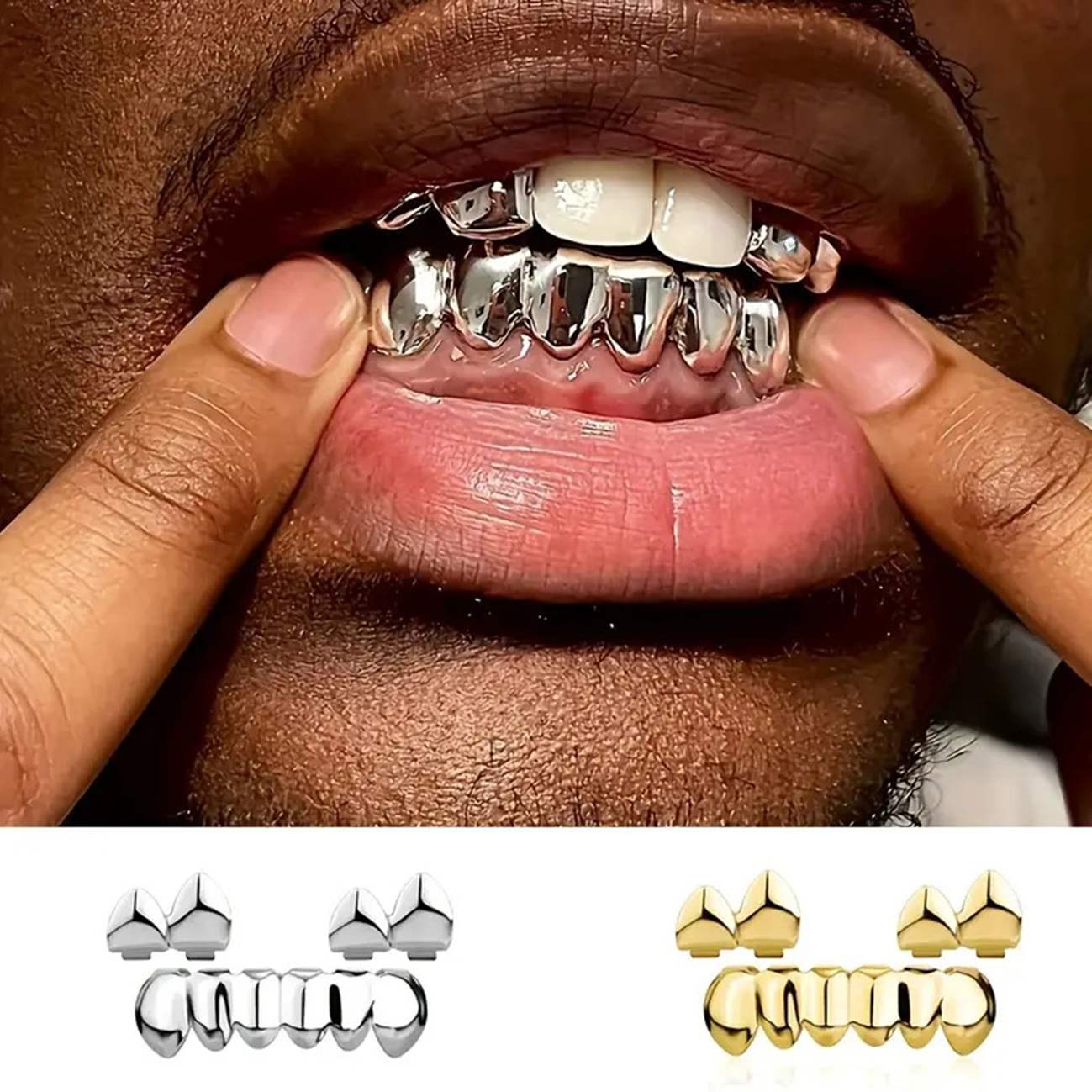 Fashion double glossy three-piece hip-hop teeth grillz tooth grillz men and women hip-hop teeth grillz tooth grillz gold teeth silver teeth
