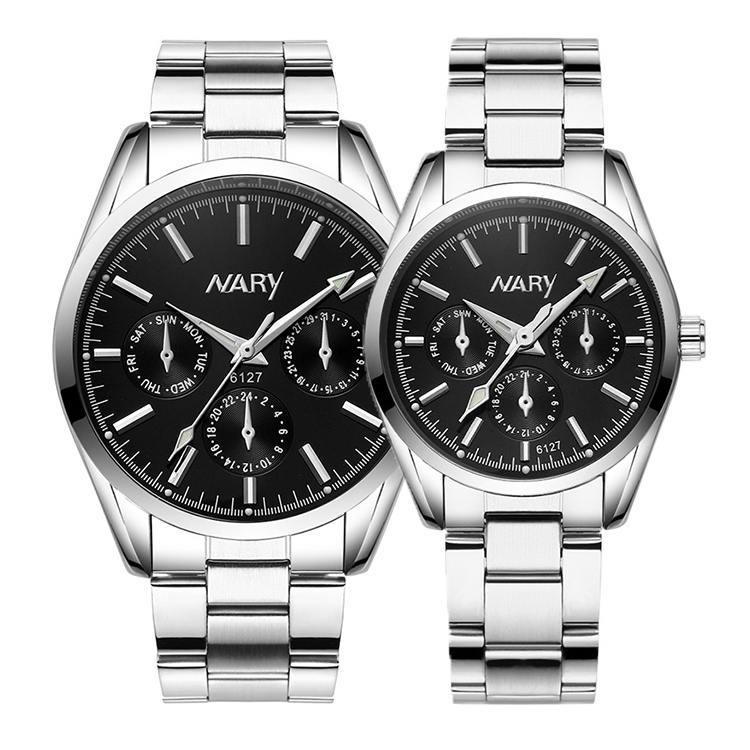 【2 Pcs】Fashion Quality Luminous Lovers Watches Waterproof Stainless Steel Quartz Couple Watch NARY-6127