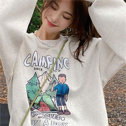 Women's Autumn Retro Thin Grey Print Top Loose Long Sleeve Top