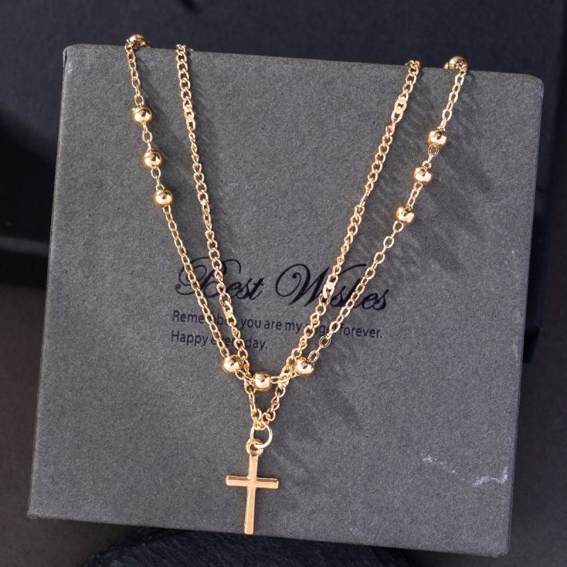 Cross double layered necklace, bead chain, collarbone chain ，Double layered stacking，cross necklace