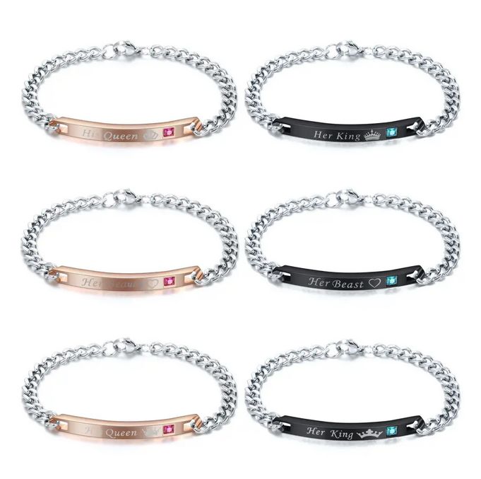 "Discounted: Defective product" (Read Product Description) - Fashion Crown Couple Bracelets Titanium Steel Unique Jewelry Gift For Lovers - (His Queen, Her King)